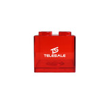 A red square block coin bank with two rounded tops and a logo on the front.