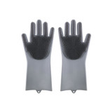 A pair of grey silicone cleaning gloves featuring textured palms for scrubbing. The gloves have an embedded logo.