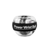 A transparent and black wrist ball with a circular design, featuring a logo on the band.