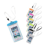 A waterproof phone bag in various colours, featuring a lanyard and a logo, with a smartphone displayed inside.