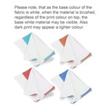 Four folded tea towels in white with peach, teal, brown, and blue accents on the edges. Each towel has a logo.