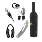A drink bottle shaped set featuring a corkscrew, pourer, stopper, and seal, with a matte black finish and branding.