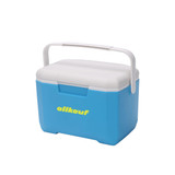 A blue and white 6L cooler box with a handle and a logo on the front.