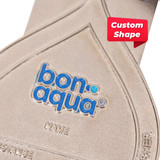 A silver custom medal features a water droplet shape and a logo in blue.