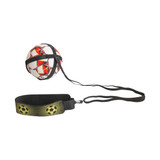 A black and yellow soccer training belt with an attached soccer ball for practice.
