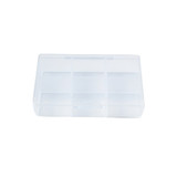 A clear, rectangular pill box with six compartments, featuring a hinged lid for easy access.