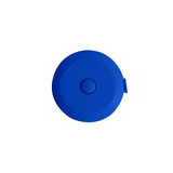 A blue, round tape measure with a button and a loop for attachment. It features a logo on the surface.