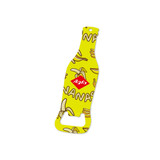 A drink bottle opener in a vibrant yellow colour with a playful banana pattern and a logo.