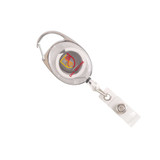A retractable oval card holder in silver, featuring a clear strap and a logo on the front.