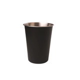 A stainless steel cup in black, featuring a sleek design with a metallic interior and a logo.
