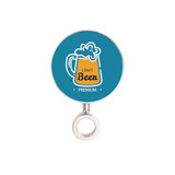 A circular badge featuring a graphic of a beer mug on a teal background with a silver ring attachment.