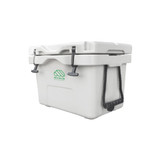 A white 25L cooler box with a logo, featuring a secure lid and carry handles.
