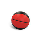 A basketball featuring a red and black design, with a textured surface and a logo.