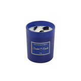 A 6.6oz glass candle in a blue jar, filled with natural soy wax and topped with fragrance. It features a logo on the jar.