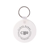 A round white keyring with a metal ring, featuring a logo in the centre.