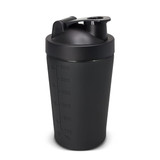 A drink bottle in black, featuring measurement markings and a flip-top lid, with a branding logo.