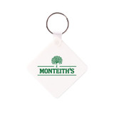 A square white keyring with a silver metal ring and a green logo design.