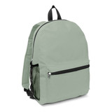 A green backpack with a front zip pocket and a mesh side pocket, featuring a logo on the front.