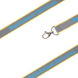 A grey safety lanyard with yellow edges and a metal clip, featuring a logo.