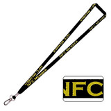 A black bamboo lanyard features yellow text and a logo. It has a secure clip for attachments.