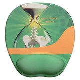 A green and orange gel mouse pad featuring an hourglass design with a spinal illustration, and a logo.