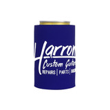 A drink bottle stubby holder in blue featuring a logo. Suitable for keeping beverages cold.