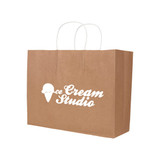A kraft paper bag with twisted handles, featuring a white logo. The bag is brown and has a rectangular shape.
