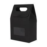 A black die cut handle bag with a window, featuring a simple design and a cut-out handle for easy carrying.