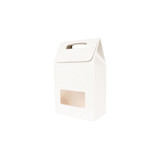 A white die-cut handle bag with a transparent window, featuring a triangular top and a handle for easy carrying.