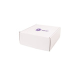 A large white shipper box with a logo printed on the lid.
