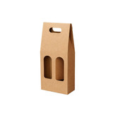 A drink bottle portable wine box made of brown cardboard, featuring two cut-out slots and a handle.