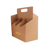 A brown portable wine box with sections for holding six bottles, featuring a handle and a logo.
