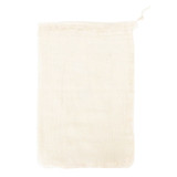 A cream-coloured organic cotton mesh bag with a drawstring closure, featuring a logo.