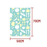 A roll of wrapping paper featuring light yellow illustrations of food and drink items on a teal background, measuring 50cm x 70cm.