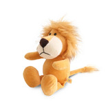 A soft, golden lion plush toy with a fluffy mane, sitting upright with a tag.