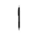 A black plastic pen with a silver tip and a clip, featuring a simple design and a logo.