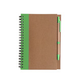 Kraft notebook with a green spine and matching ballpoint pen, featuring a spiral binding.