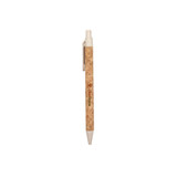 A cork pen with a natural finish and white tip, featuring a branding logo on the side.