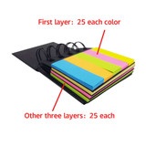 A 4-layer recycled sticky notepad featuring blue, pink, yellow, and green notes, bound with a black cover and rings.