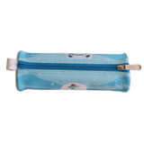 A light blue PU leather pencil case with a zip closure, featuring a simple design and a logo.