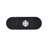 A black tablet webcam cover with a sliding design and a logo on the surface.