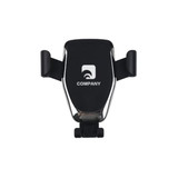 A black wireless car charger with a holder and an accompanying logo.