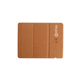 A foldable wireless charger in a light brown cork material, featuring a logo on one side.