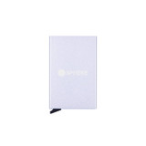 A silver metal RFID card holder with a logo, featuring a sleek, minimalist design and a black accent.