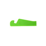 A V-shaped green stand for iPhones and iPads, featuring a sleek design and a logo.