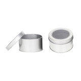 A silver tin can with a foam insert, featuring a clear plastic lid, displayed open and closed.