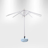A 3x3m square market umbrella with valances, featuring a white frame and a light blue base.