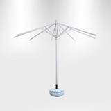 A round, white market umbrella with valances, featuring a sturdy base and multiple support arms.