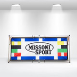 A-frame banner stand featuring a colourful design with geometric shapes and a central logo.