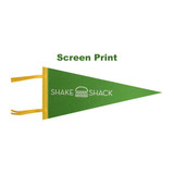 A green felt pennant with yellow ties and a logo printed in the centre.